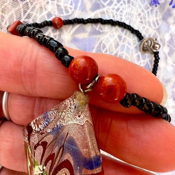 Vintage Art Glass & Genuine Red Jasper Stone Seed Bead Choker Necklace - Picture 4 of 12